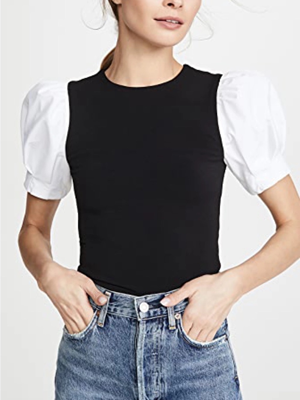 Alice + Olivia Aubrey Puff Sleeve Crop Top In Black White 6